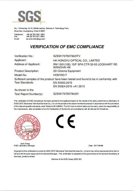 China Shenzhen HONY Optical Co., Limited certification